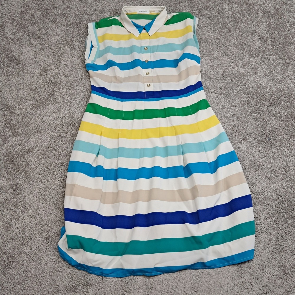 Calvin Klein Womens Striped Sleeveless Shirt Dress Blue Green Yellow Size 10